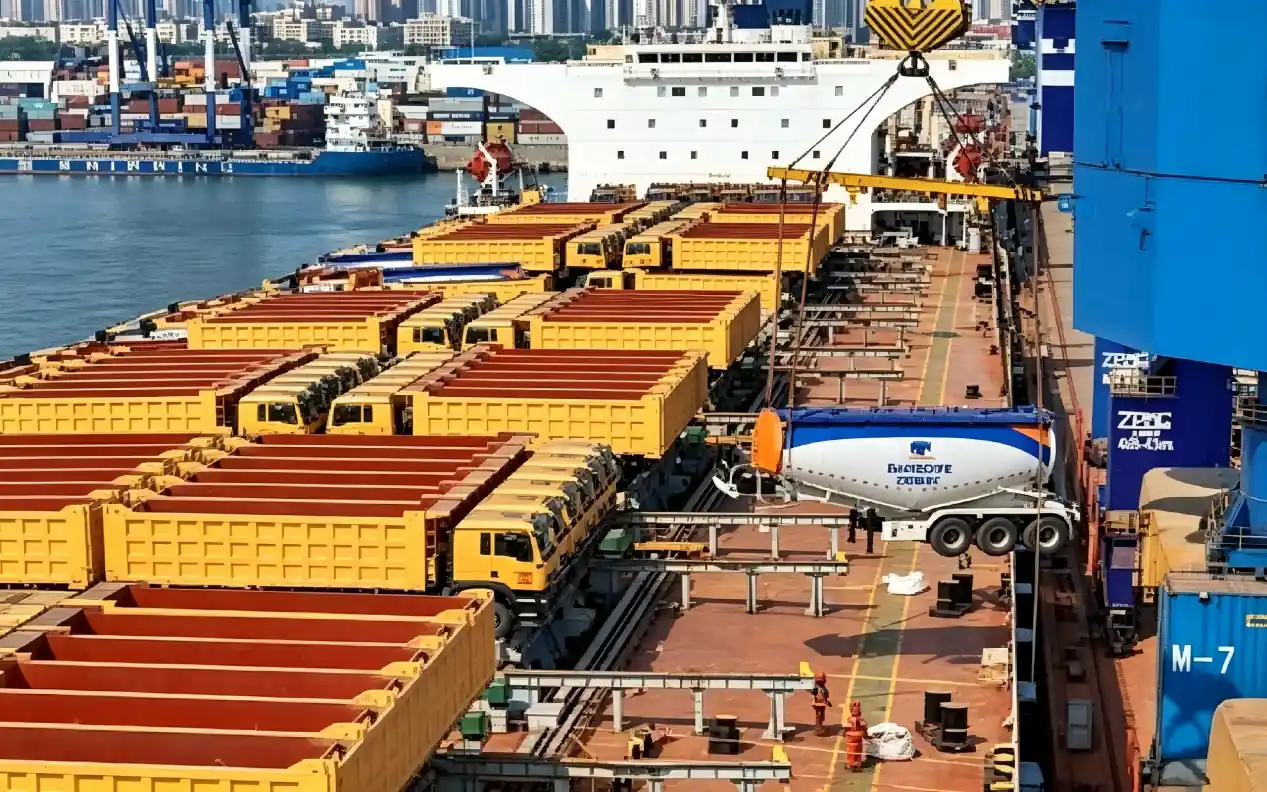 Large fleet of commercial vehicles prepared for export shipping