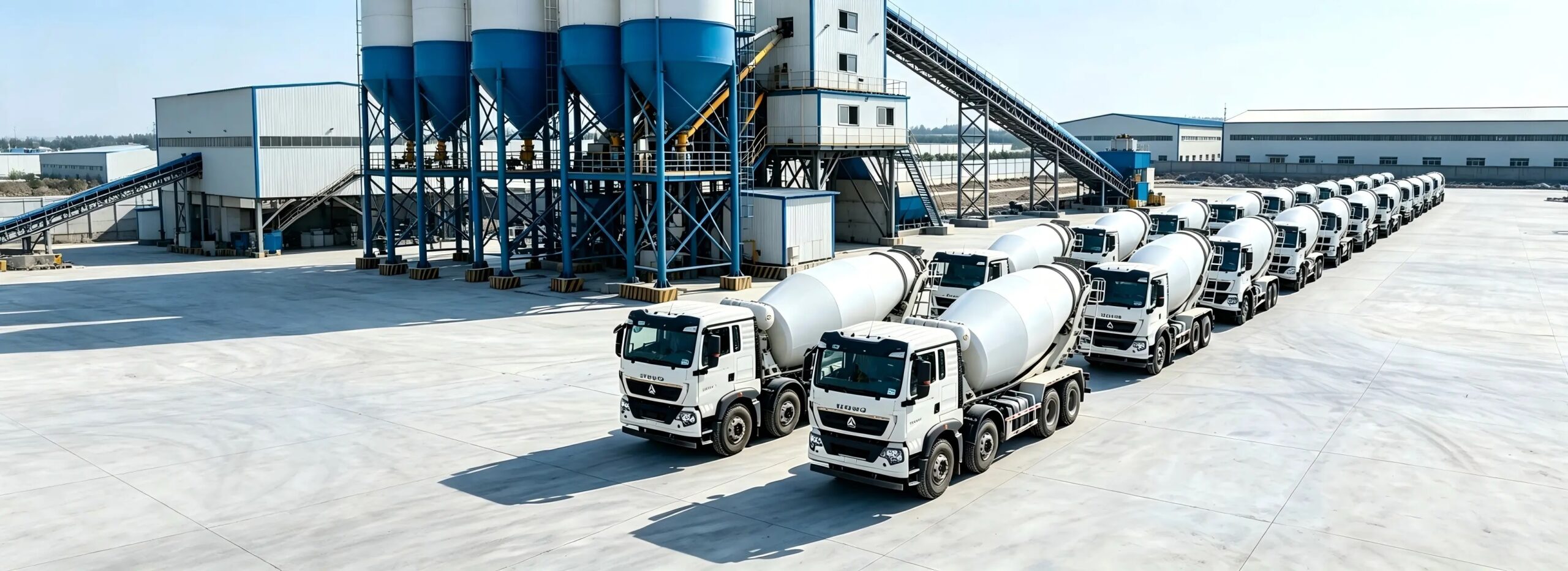 Fleet of CHINESE HEAVY TRUCKS concrete mixer trucks at a production base