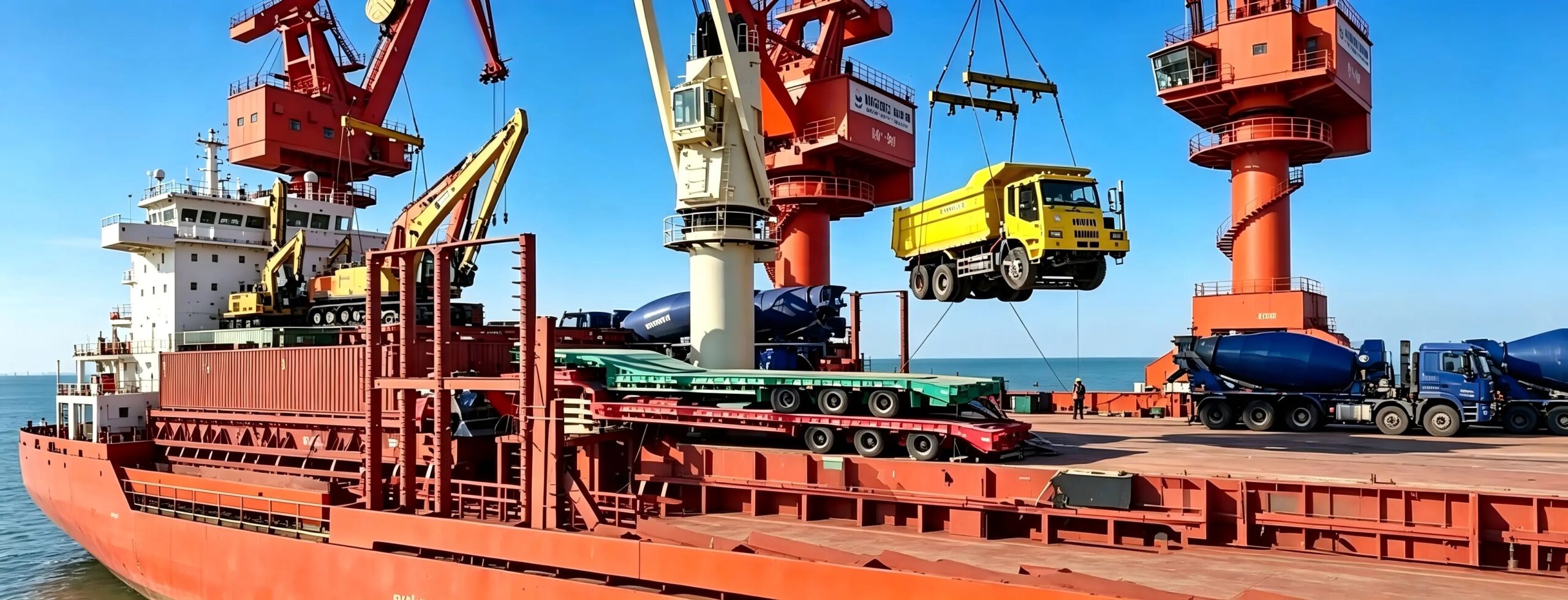 Heavy trucks and trailers being loaded for international shipping