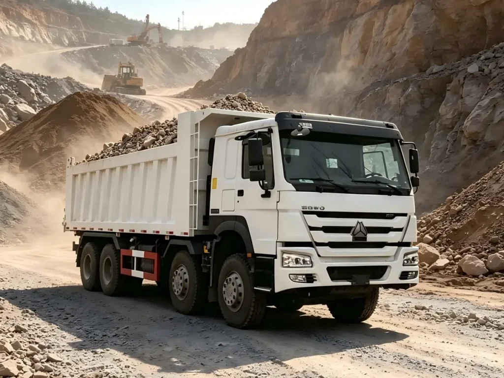 Chinese Heavy Trucks HOWO TX 8X4 white heavy duty dump trucks operating at open pit mine for ore and stone transport, suitable for Africa, Southeast Asia and Latin America markets