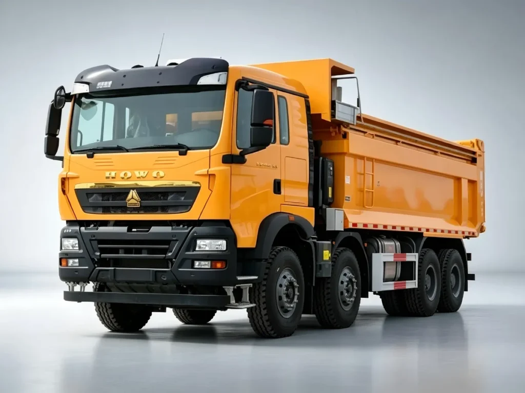 SINOTRUK HOWO TX 8X4 orange heavy duty dump trucks with light gray gradient studio background, customizable tipper trucks for construction mining transport.For Africa, Southeast Asia and Latin America markets.
