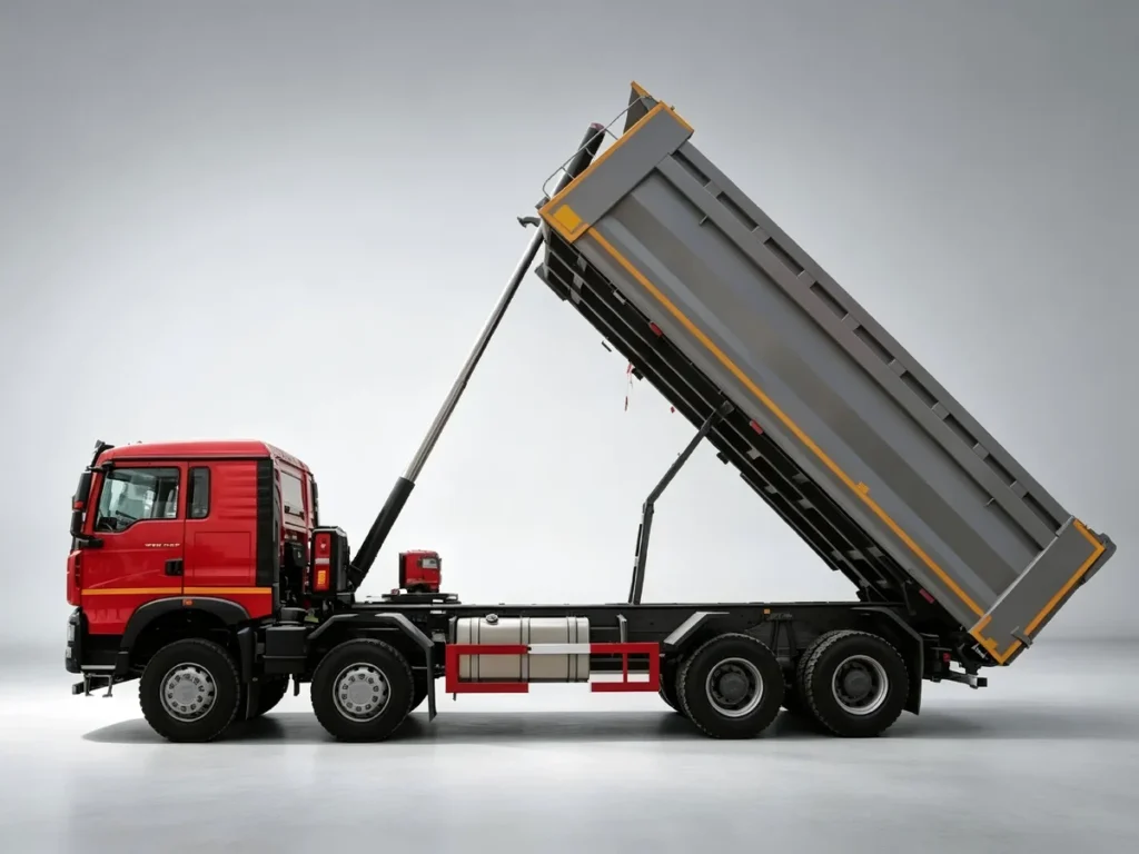SINOTRUK HOWO TX 8X4 dump tipper trucks with lifting cargo bed, light grey gradient studio product shot, heavy duty hydraulic tipper vehicle.For Africa, Southeast Asia and Latin America markets.