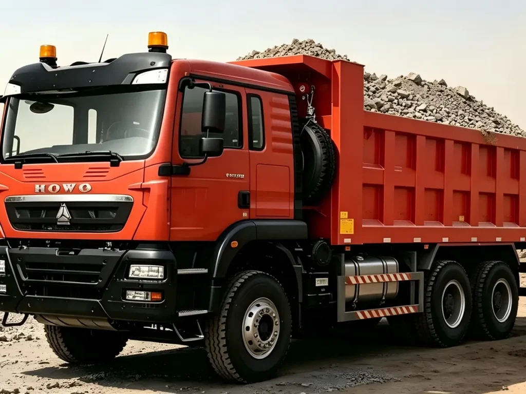 Chinese Heavy Trucks HOWO TX 6X4 red dump tipper trucks working at open pit mining and construction site, heavy duty transport vehicle for ore, sand and earth hauling.For Africa, Southeast Asia and Latin America markets.