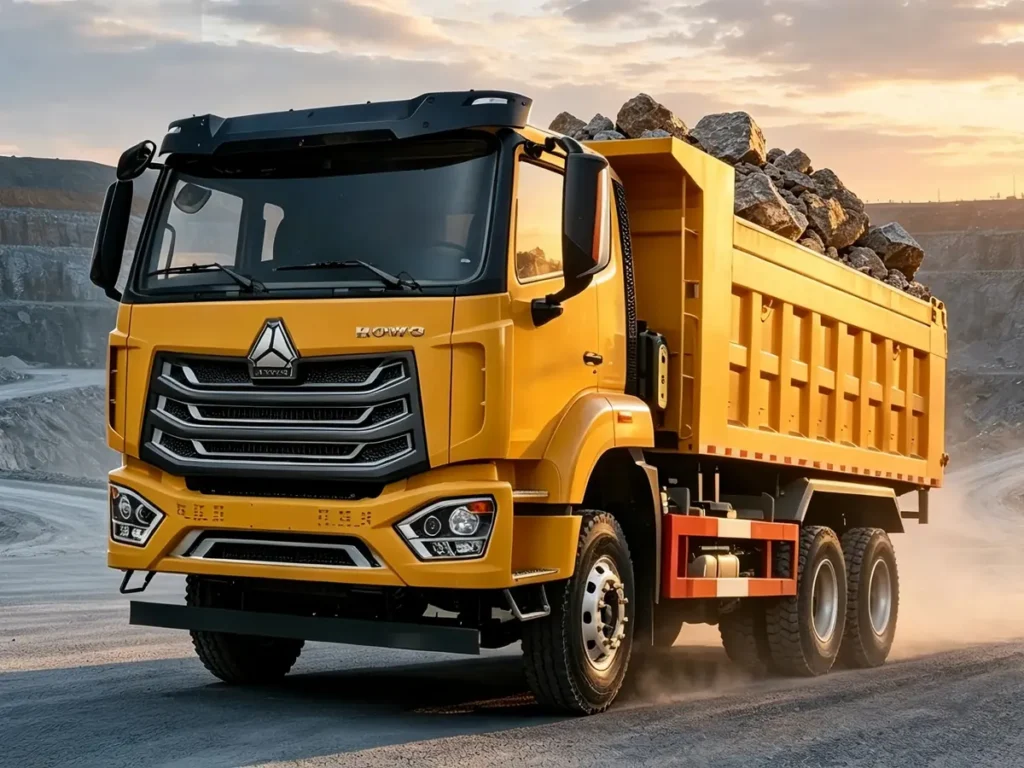 Chinese Heavy Trucks HOWO NX 6X4 heavy duty yellow dump tipper trucks driving on open pit mine construction site, industrial hauling vehicle for ore, stone and earth transportation.For Africa, Southeast Asia and Latin America markets.