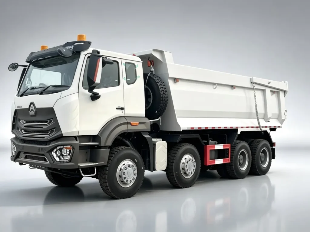 SINOTRUK HOWO NX 8X4 white dump tipper trucks on light grey gradient studio background, heavy duty bulk transport vehicle for mining, construction and quarry haulage.For Africa, Southeast Asia and Latin America markets.