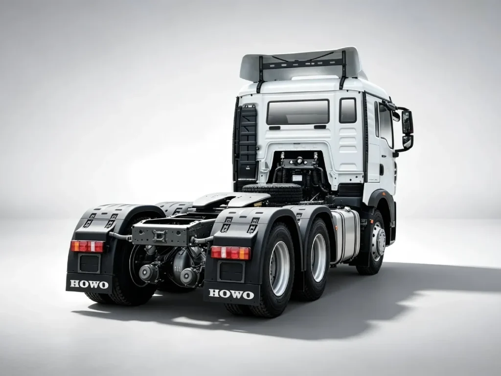Sinotruk Howo tx 6x4 tractor trucks rear view with light gray gradient studio background, China National Heavy Duty Trucks Group heavy duty container prime mover showing complete rear chassis, fifth wheel and drive axle structure.For Africa, Southeast Asia and Latin America markets.