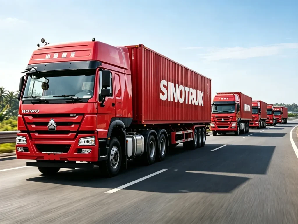HOWO-7 6X4 tractor trucks with container trucks queuing on highway, heavy logistics transport scene