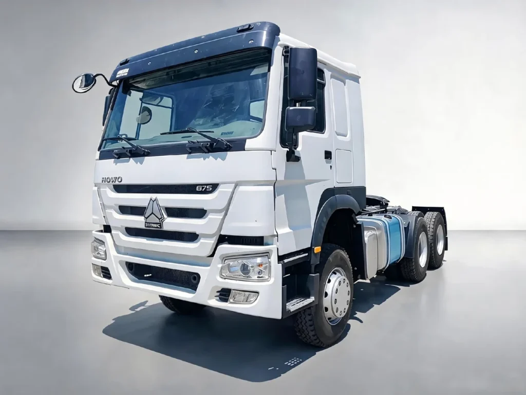 White Sinotruk HOWO-7 6X4 tractor trucks studio photo, heavy duty logistics truckFor Africa, Southeast Asia and Latin America markets.
