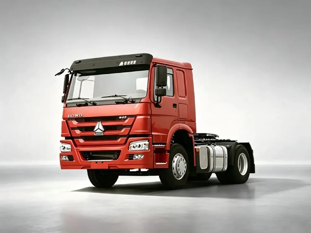 Red Sinotruk HOWO-7 4X2 tractor trucks, lightweight single axle container transport vehicle.For Africa, Southeast Asia and Latin America markets.