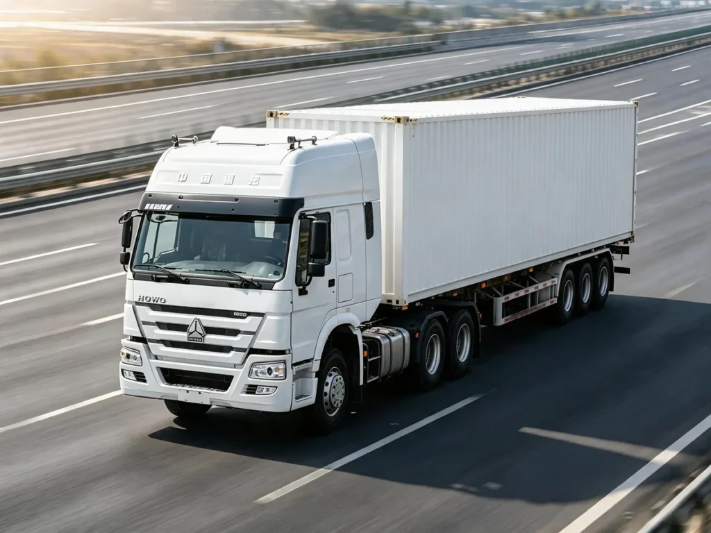 White Chinese Heavy Trucks HOWO-7 4X2 tractor trucks with white container, container transport vehicle.For Africa, Southeast Asia and Latin America markets.