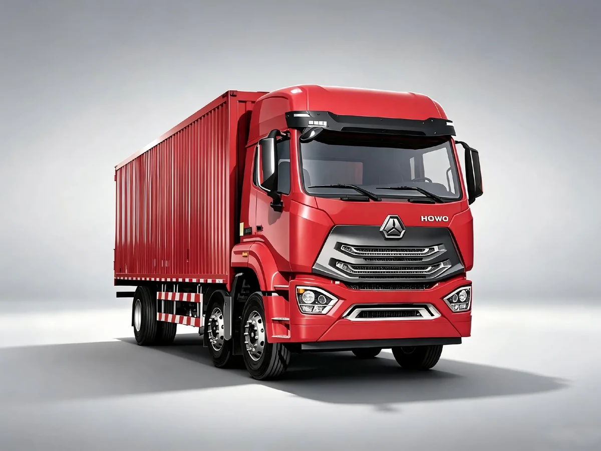 SINOTRUK HOWO NX 6X4 red box cargo trucks with clear HOWO logo, heavy-duty 10-wheel logistics lorry, large enclosed cargo box, reinforced chassis and reliable engine for long-distance bulk goods transport in Africa, Latin America and Southeast Asia.
