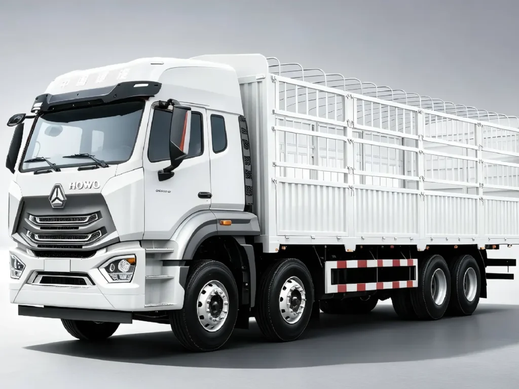 SINOTRUK HOWO NX 8X4 white stake cargo trucks, light grey gradient studio background, clear HOWO logo, 12-wheel heavy-duty high fence lorry for bulk cargo, agricultural goods and livestock transport