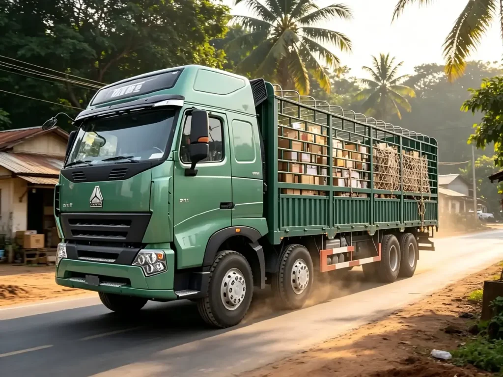 SINOTRUK HOWO Green SINOTRUK HOWO 8X4 stake cargo trucks driving on Southeast Asian rural road, fully loaded with parcel packages, heavy-duty high fence lorry for last-mile delivery and logistics transportation