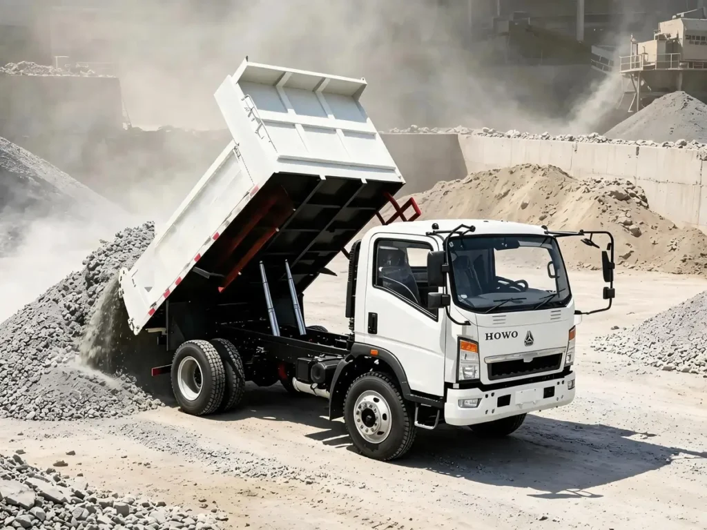 Chinese Heavy Trucks HOWO Mini Tipper Trucks 4x2 light dump trucks unloading stone at quarry.For Africa, Southeast Asia and Latin America markets.