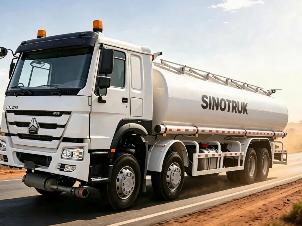 Chinese Heavy Trucks HOWO 8X4 oil tanker running on African savanna highway, heavy fuel transport trucks for global export.For Africa, Southeast Asia and Latin America markets.
