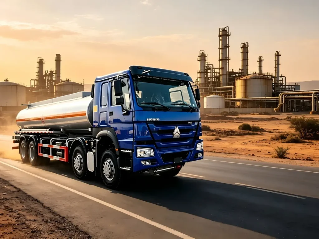 Chinese Heavy Trucks HOWO 8X4 oil tanker driving near African refinery, fuel transport trucks for export.For Africa, Southeast Asia and Latin America markets.