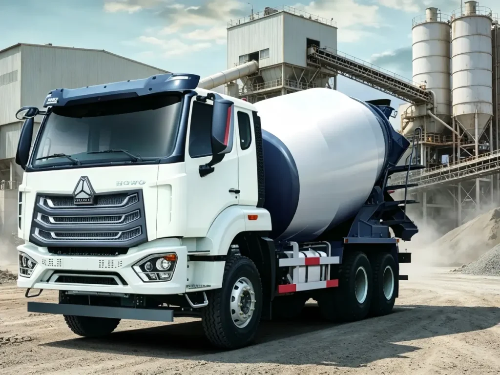 Chinese Heavy Trucks HOWO NX 6X4 concrete mixer trucks working at batching plant, construction cement transport vehicle for export.For Africa, Southeast Asia and Latin America markets.