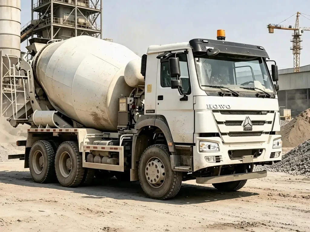 Chinese Heavy Trucks HOWO NX 6X4 concrete mixer trucks at concrete batching plant, heavy cement transport trucks for overseas construction projects.For Africa, Southeast Asia and Latin America markets.