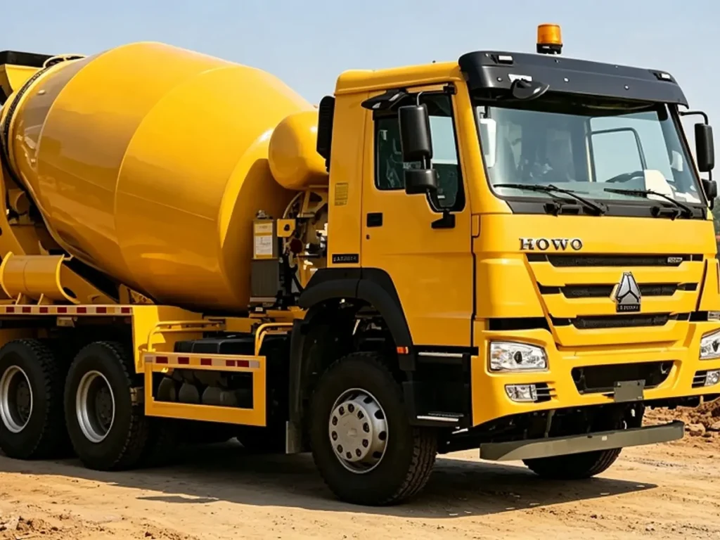 Chinese Heavy Trucks HOWO 6x4 yellow concrete mixer trucks working on large construction site, heavy duty cement mixer vehicle exported to Africa, Southeast Asia and Latin America