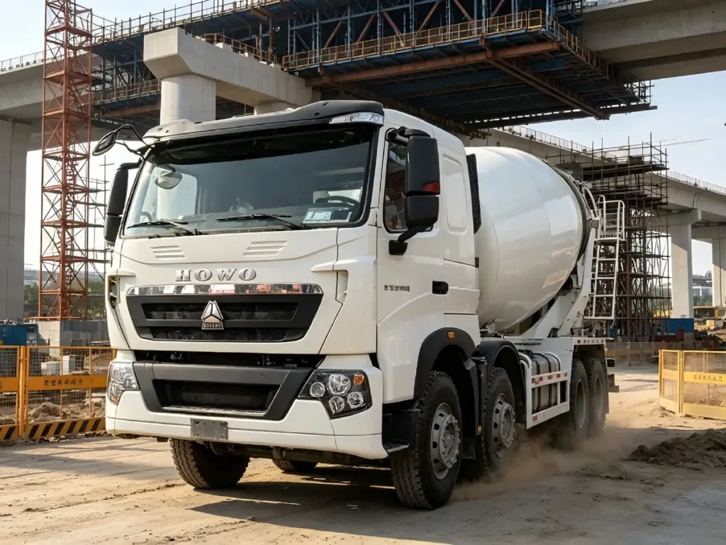 Chinese Heavy Trucks HOWO T7H 8X4 concrete mixer trucks, heavy-duty four-axle concrete transport vehicle, suitable for large infrastructure projects in Africa, Southeast Asia and Latin America