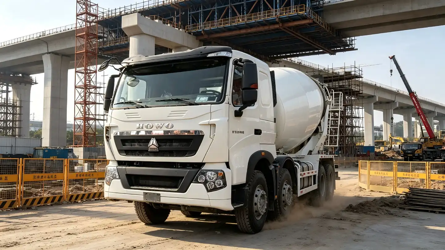 HOWO concrete mixer trucks supporting a bridge construction project
