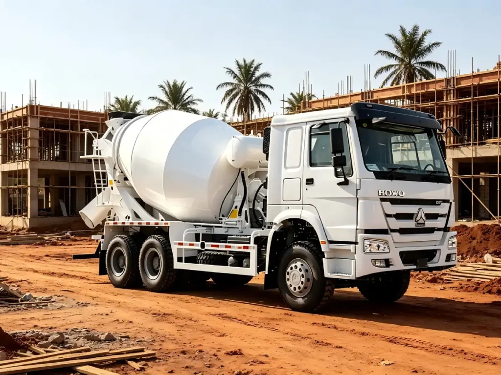 Chinese Heavy Trucks HOWO-7 6X4 white concrete mixer trucks at African residential construction site, lightweight three-axle cement transport vehicle for infrastructure projects across Africa, Southeast Asia and Latin America