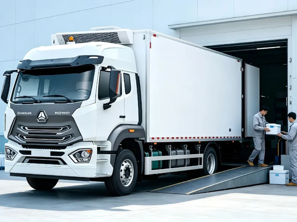 Chinese Heavy Trucks Howo NX 4×2 medium refrigerated trucks at pharmaceutical warehouse, workers loading medical insulated boxes, cold chain transport for vaccine & medicine Africa Southeast Latin America