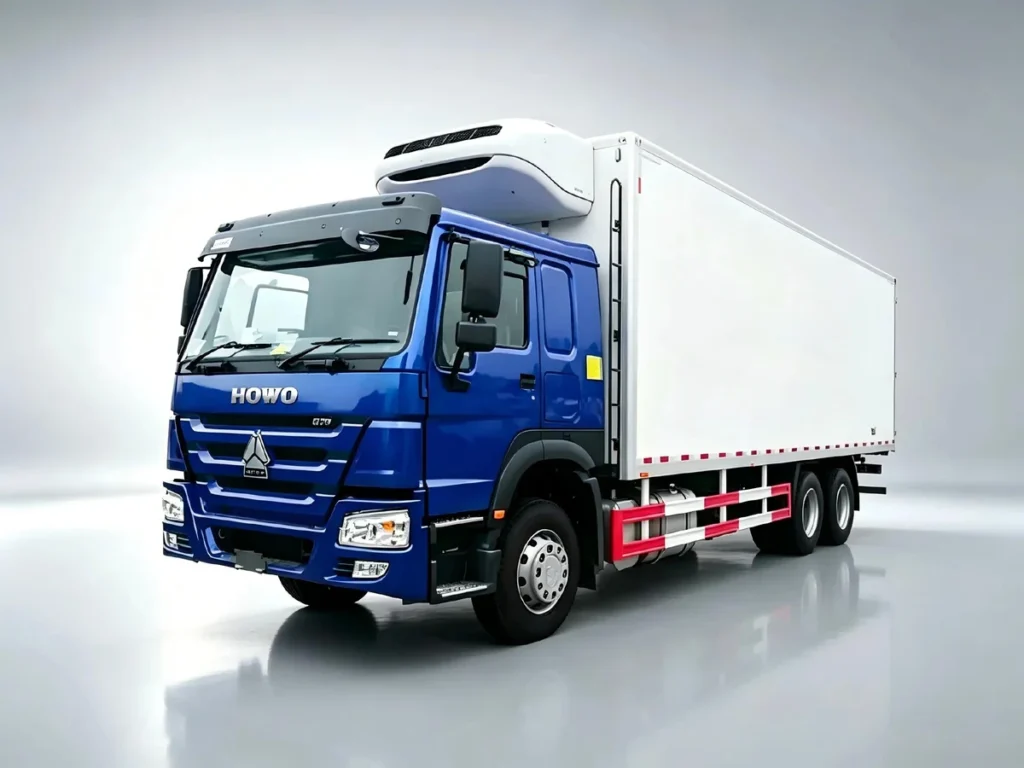 Sinotruk Howo 6×4 refrigerated trucks, heavy duty freezer box trucks studio shot, large capacity cold chain vehicle for seafood, fruit transport to Africa, Southeast Asia, Latin America