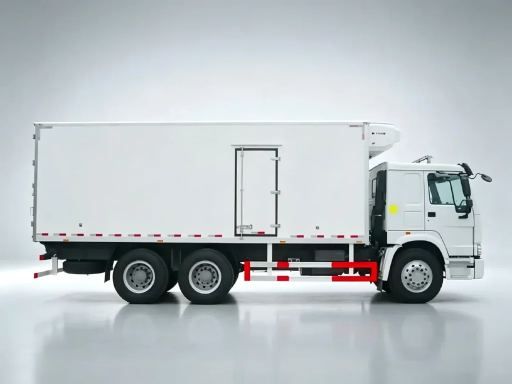 Sinotruk Howo 6×4 refrigerated trucks side view studio photo, large insulated freezer box with side door, heavy cold chain trucks for seafood, fruit delivery Africa Southeast Asia Latin America