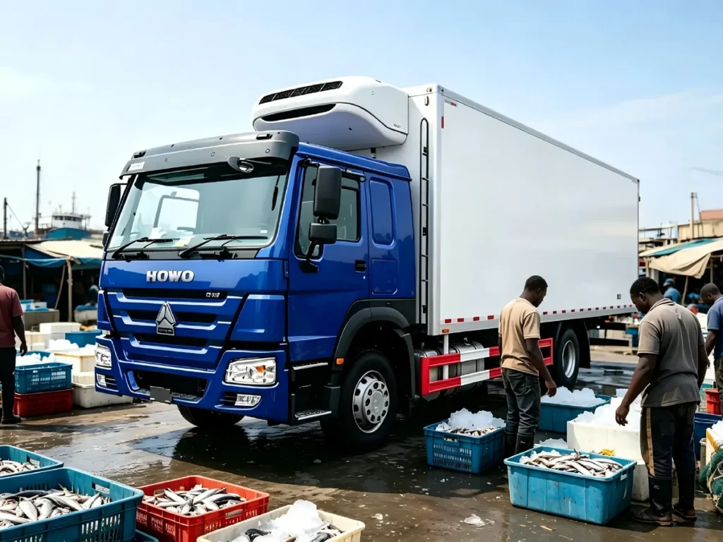 Chinese Heavy Trucks Howo 6×4 blue refrigerated trucks at African fish market, local workers loading fresh seafood with ice, heavy freezer lorry for aquatic cold chain transport Africa Latin America Southeast Asia