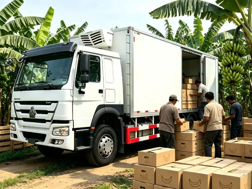 Chinese Heavy Trucks Howo 6×4 heavy-duty refrigerated trucks at banana farm, insulated box keeps fruits, meat, seafood fresh, ideal cold chain vehicle for export to Southeast Asia, Africa and Latin America