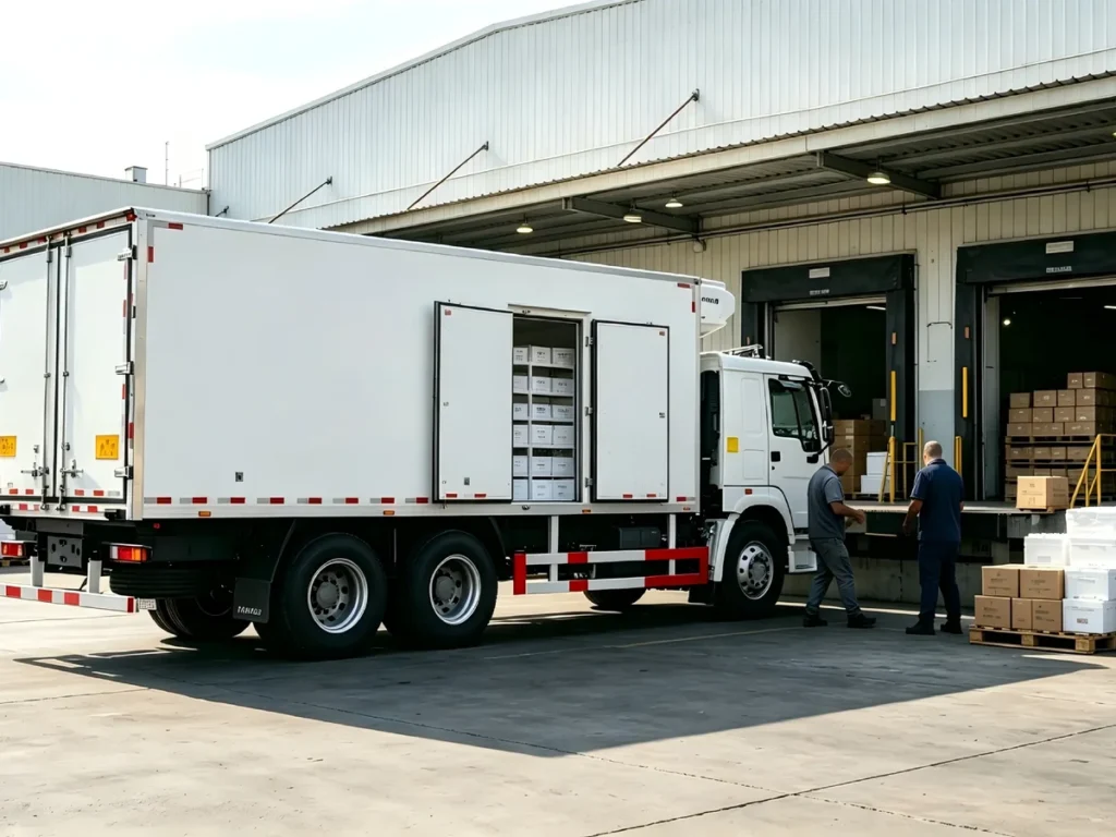 Chinese Heavy Trucks HOWO 6x4 refrigerated box trucks loading goods at warehouse dock, insulated freezer lorry for fresh food cold chain transportation exported to Africa, Southeast Asia and Latin America