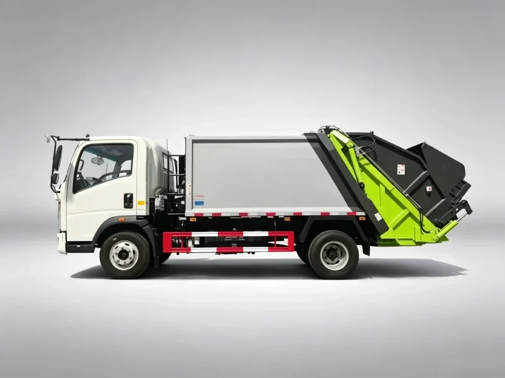SINOTRUK HOWO 4x2 compression garbage trucks side view, light municipal waste compactor sanitation vehicle, export to Africa, Southeast Asia and Latin America