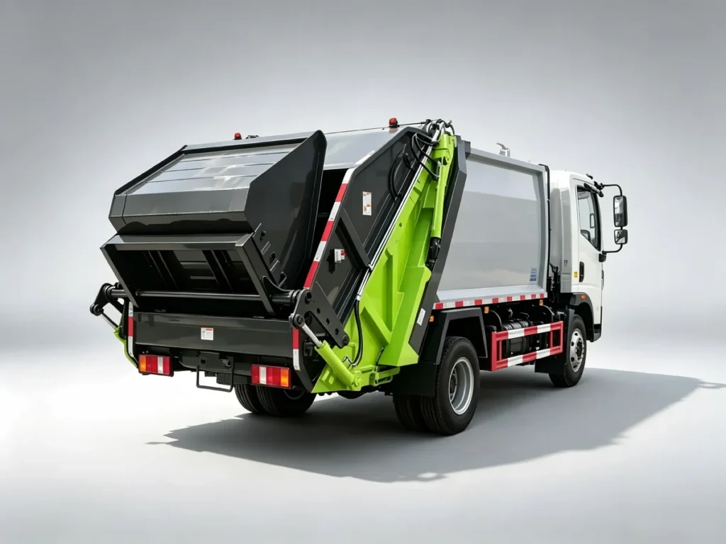 SINOTRUK HOWO 4x2 compression garbage trucks rear view, hydraulic waste compactor mechanism detail, municipal sanitation vehicle exported to Africa, Southeast Asia and Latin America