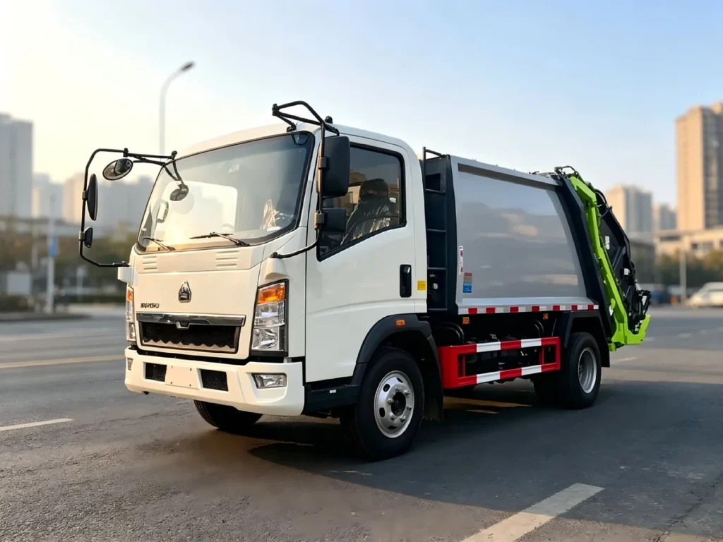 Chinese Heavy Trucks HOWO 4x2 compression garbage trucks in urban sanitation work scene, waste collection compactor vehicle for municipal cleaning projects