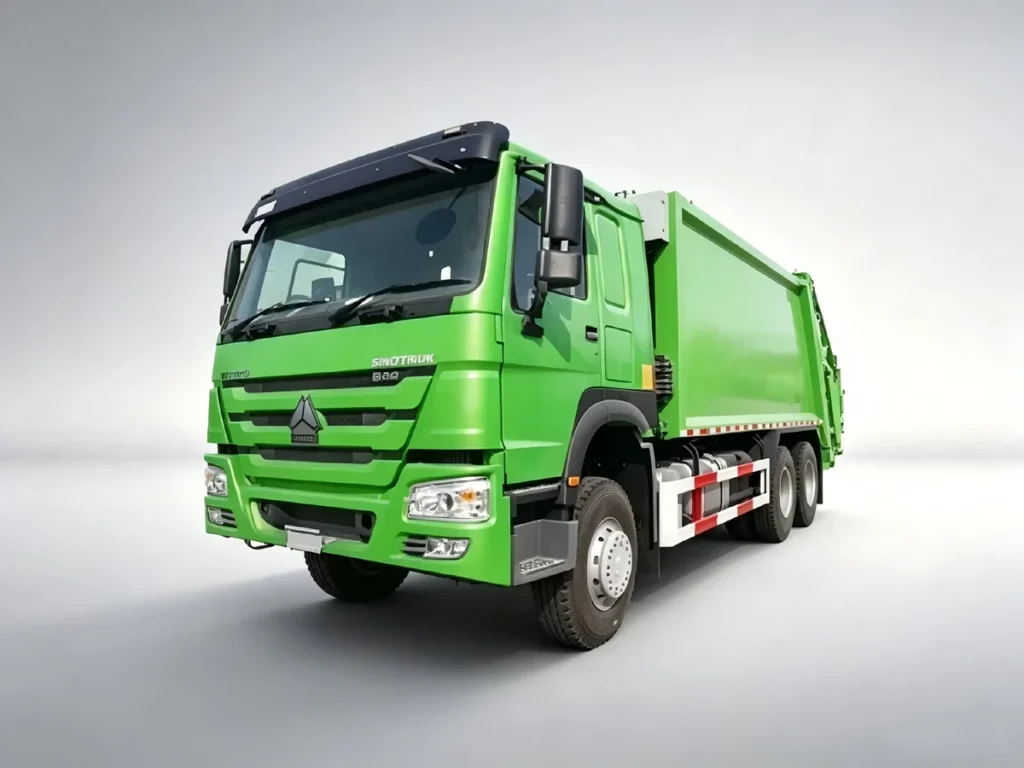Green SINOTRUK HOWO compression garbage trucks front view, heavy-duty hydraulic waste compactor sanitation vehicle for municipal waste collection, exported to Africa, Southeast Asia and Latin America