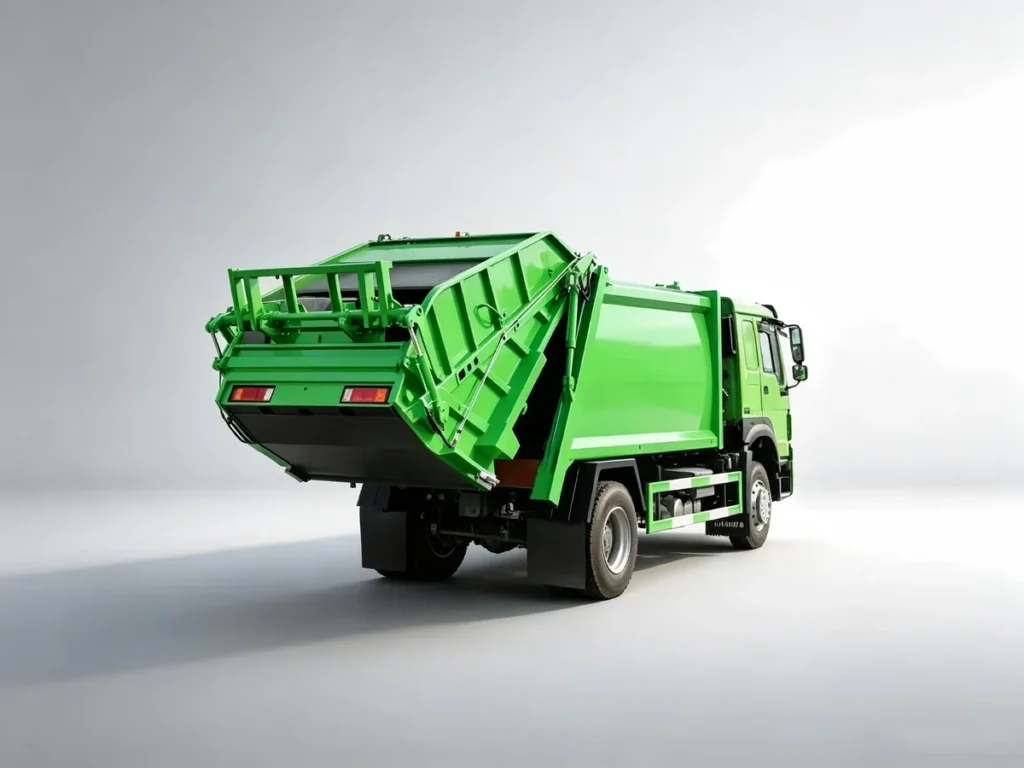 Green SINOTRUK HOWO compression garbage trucks rear view, heavy-duty hydraulic waste compactor mechanism detail, municipal sanitation waste collection vehicle exported to Africa, Southeast Asia and Latin America