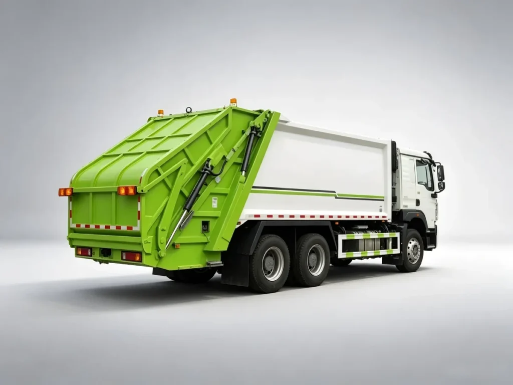 White and green SINOTRUK HOWO compression garbage trucks rear view, heavy-duty hydraulic compactor mechanism, sealed waste tank sanitation vehicle for municipal waste collection.for markets in Africa, Southeast Asia and Latin America