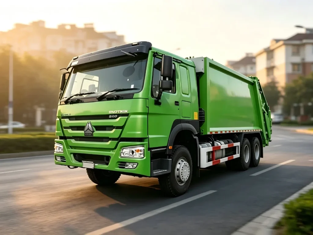 Green 6x4 Chinese Heavy Trucks HOWO compression garbage trucks full vehicle, heavy hydraulic waste compactor sanitation trucks for municipal waste collection, exported to Africa, Southeast Asia and Latin America urban cleaning projects.
