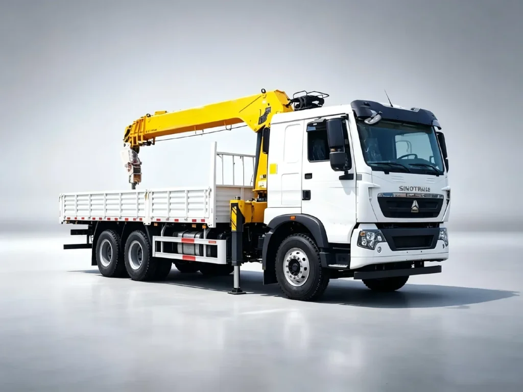 SINOTRUK HOWO 5 ton 6×4 trucks mounted crane, light gray studio shot, integrated lifting & transport trucks for construction projects exported to Africa, Southeast Asia and Latin America
