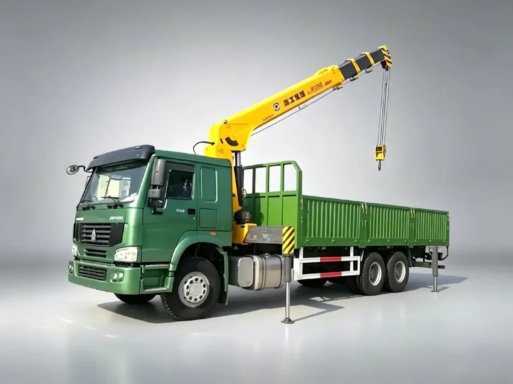 SINOTRUK HOWO green 5 ton 6×4 trucks mounted crane, light gray studio shot, integrated lifting and cargo transport trucks for construction exported to Africa, Southeast Asia and Latin America