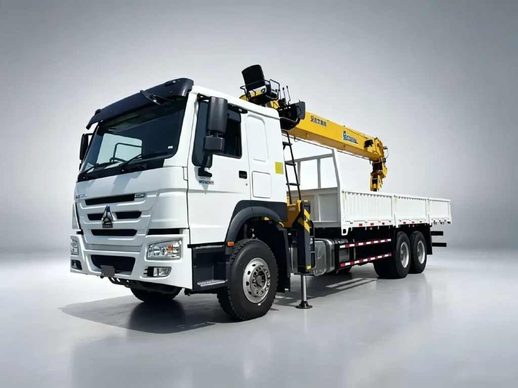 SINOTRUK HOWO white 5 ton 6×4 trucks mounted crane, light gray studio shot, integrated lifting and cargo transport vehicle for construction exported to Africa, Southeast Asia and Latin America