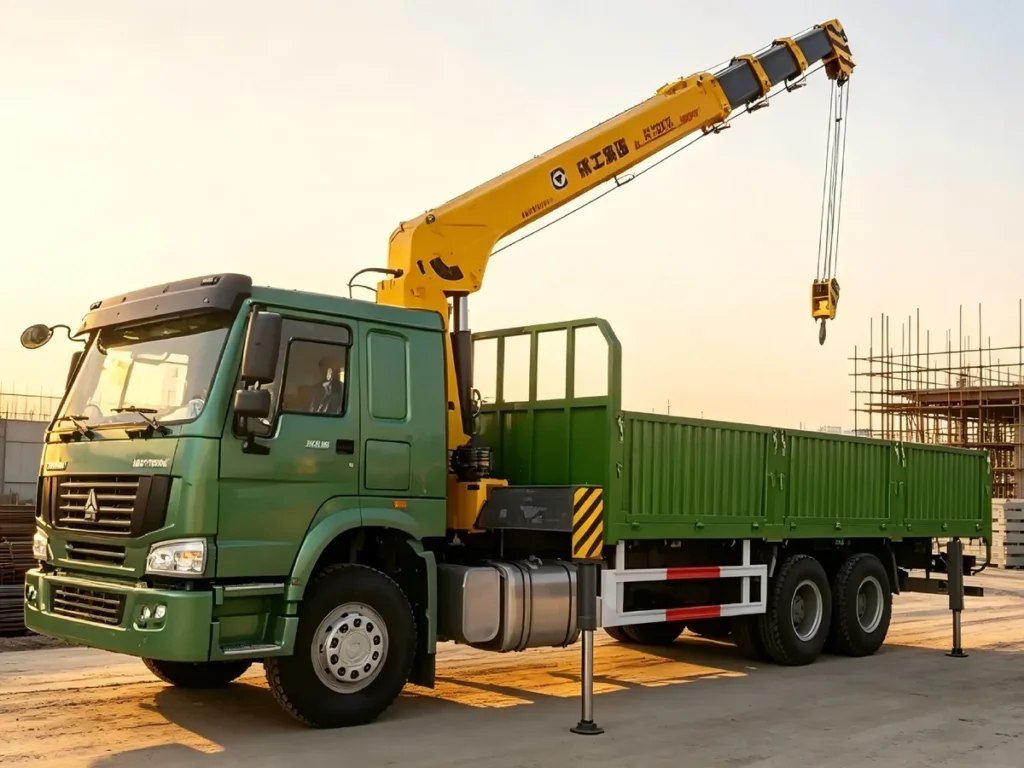 Chinese Heavy Trucks HOWO green 5 ton 6×4 mounted crane trucks working at construction site, lift steel and building materials, heavy engineering vehicle for infrastructure projects exported to Africa, Southeast Asia and Latin America