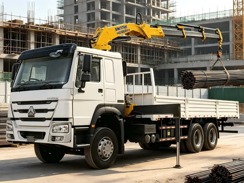 Chinese Heavy Trucks HOWO white 5 ton 6×4 mounted crane trucks lifting steel rebar at construction site, integrated lifting and cargo transport vehicle for infrastructure projects exported to Africa, Southeast Asia and Latin America .