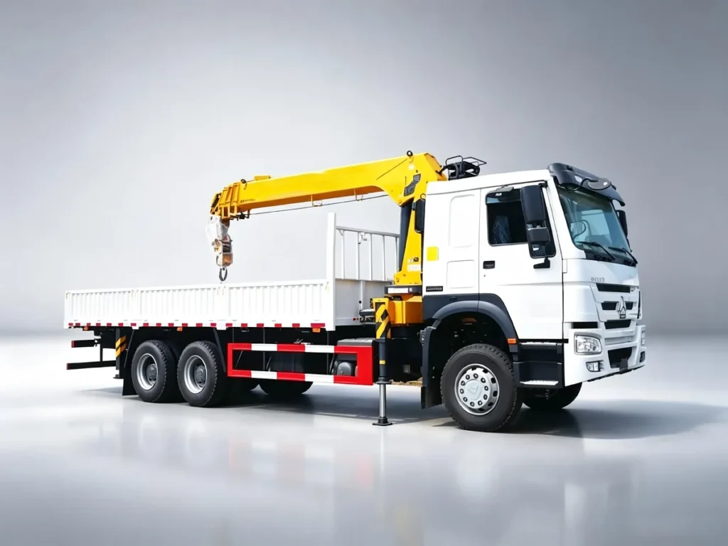 SINOTRUK HOWO white 6×4 mounted crane trucks equipped with yellow telescopic crane, light grey gradient studio shot, all-in-one lifting and cargo transport vehicle exported to Africa, Southeast Asia and Latin America for construction infrastructure
