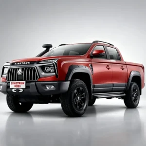 SINOTRUK red off-road pickup trucks, light grey gradient studio shot, heavy-duty all-terrain pickup vehicle for mining, construction and outdoor transport exported to Africa, Southeast Asia and Latin America