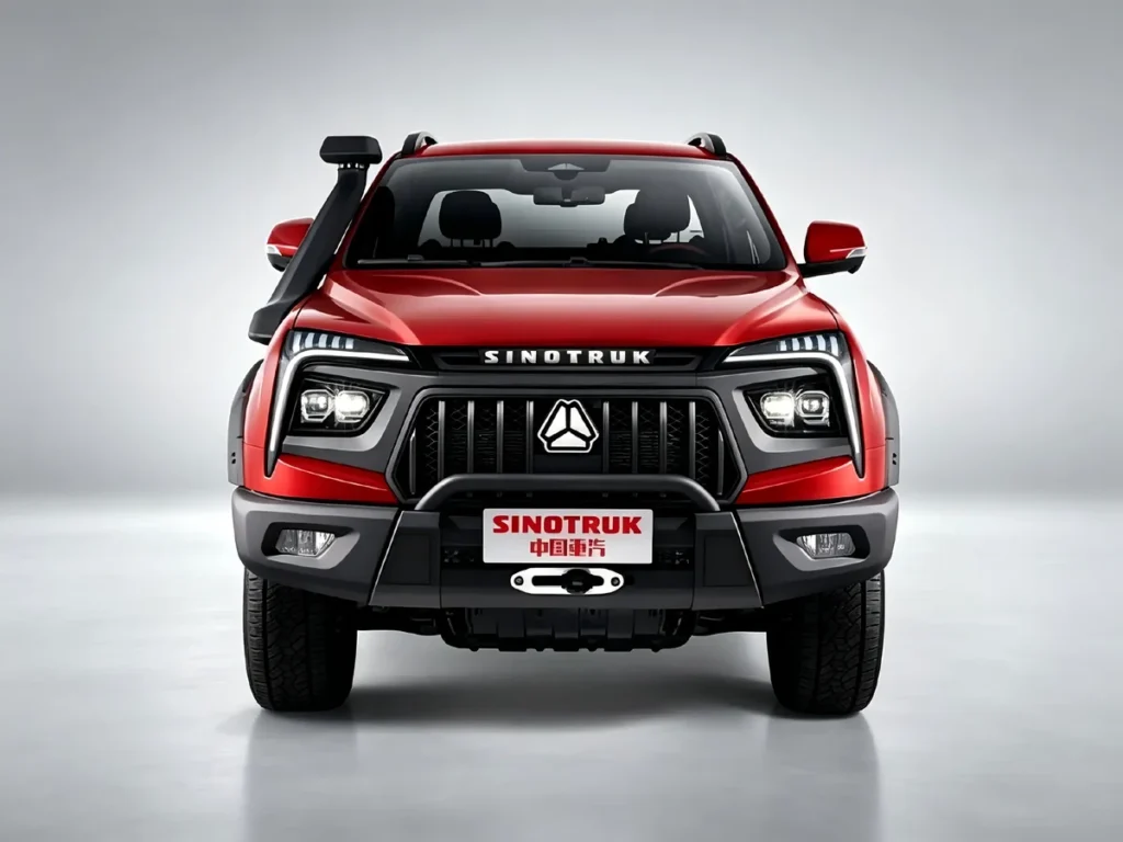 SINOTRUK red off-road pickup trucks front full view, light grey gradient studio background, heavy-duty all-terrain work pickup suitable for mining, construction and field transport across Africa, Southeast Asia and Latin America