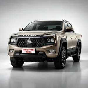 SINOTRUK gold passenger version double cab pickup front view, light grey gradient studio background, comfortable family & business pickup for daily commute, farm transport and city work in Africa, Southeast Asia and Latin America