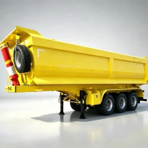 SINOTRUK bright yellow four axle U-type rear dump semi trailer, equipped with heavy hydraulic lifting cylinder, spare tire, four heavy-duty axles and stable support legs, background, high-capacity tipper semi-trailer for mining ore, construction sand, gravel and bulk waste transport for Africa, Southeast Asia and Latin America