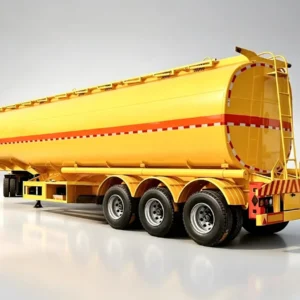 SINOTRUK bright yellow four axle fuel tanker semi trailer, large sealed cylindrical liquid tank with red warning stripe, rear climbing ladder, four heavy-duty axles and complete pipeline system, light grey gradient studio background, leakproof oil tank semi-trailer for gasoline, diesel, chemical liquid and edible oil transport exported to Africa, Southeast Asia and Latin America